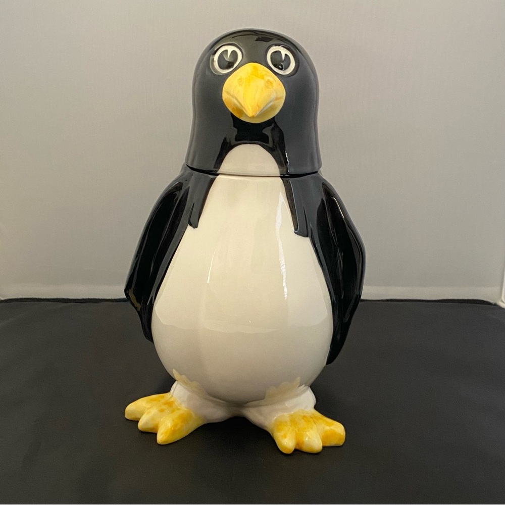 Ceramic Penguin Cookie Jar - Black, White & Yellow